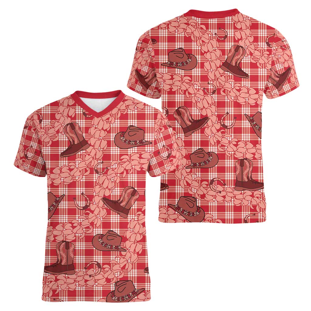Red Palaka Hawaii Cowboy Women V-Neck T-Shirt Puakenikeni Lei Paniolo Papale Seamless Vibes LT14 - Polynesian Pride
