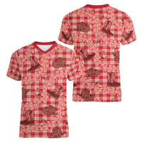 Red Palaka Hawaii Cowboy Women V-Neck T-Shirt Puakenikeni Lei Paniolo Papale Seamless Vibes LT14 - Polynesian Pride