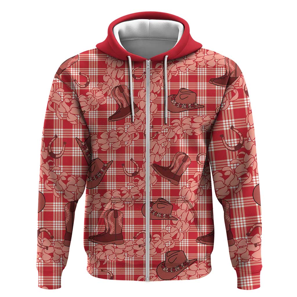 Red Palaka Hawaii Cowboy Zip Hoodie Puakenikeni Lei Paniolo Papale Seamless Vibes LT14 Zip Hoodie Red - Polynesian Pride