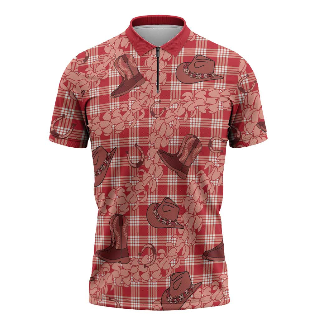 Red Palaka Hawaii Cowboy Zipper Polo Shirt Puakenikeni Lei Paniolo Papale Seamless Vibes LT14 Red - Polynesian Pride