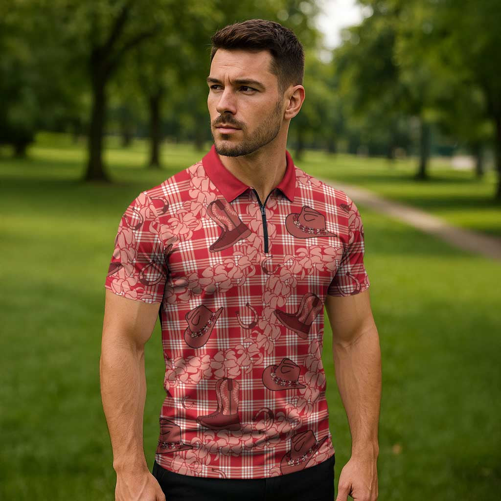Red Palaka Hawaii Cowboy Zipper Polo Shirt Puakenikeni Lei Paniolo Papale Seamless Vibes LT14 - Polynesian Pride