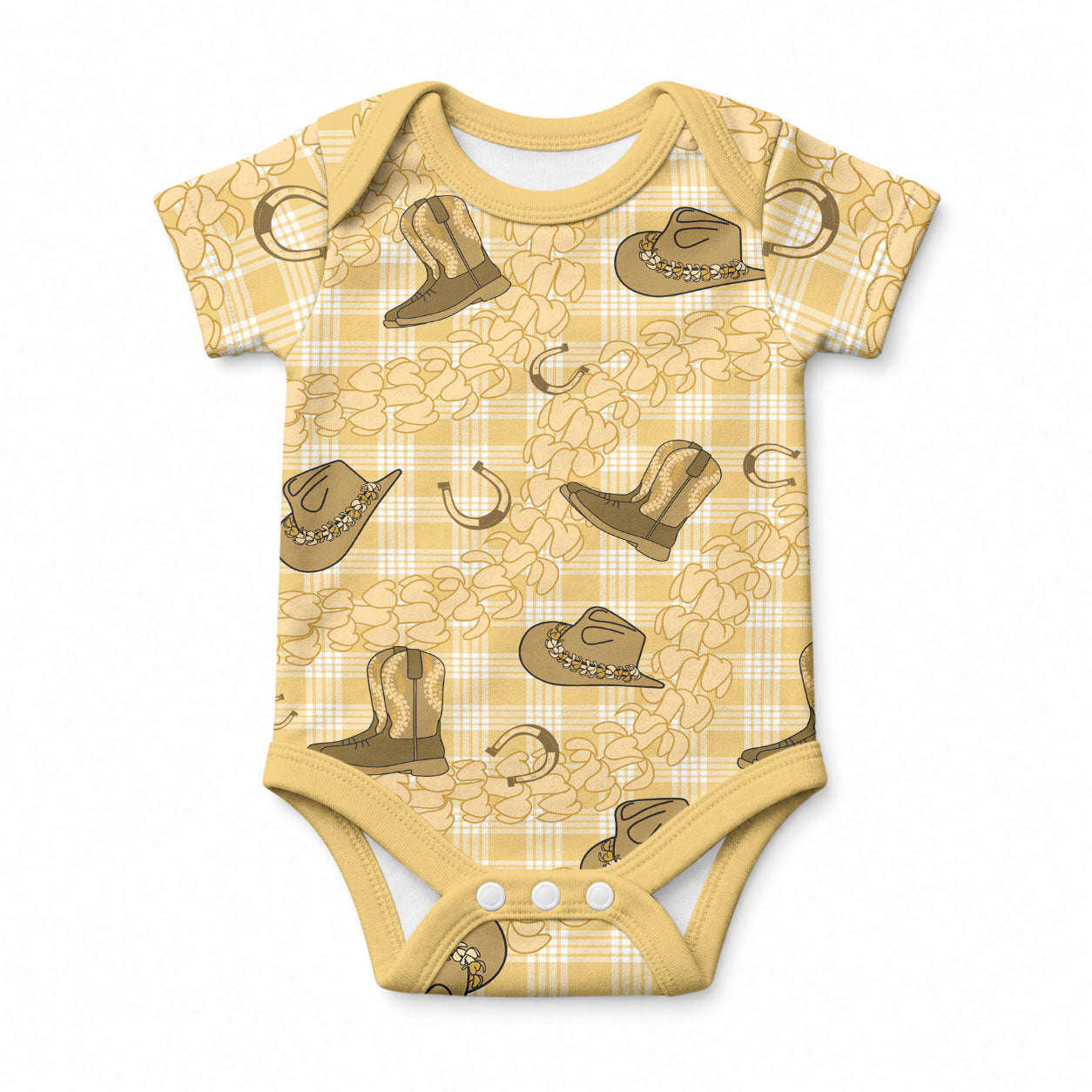 Yellow Palaka Hawaii Cowboy Baby Onesie Puakenikeni Lei Paniolo Papale Seamless Vibes