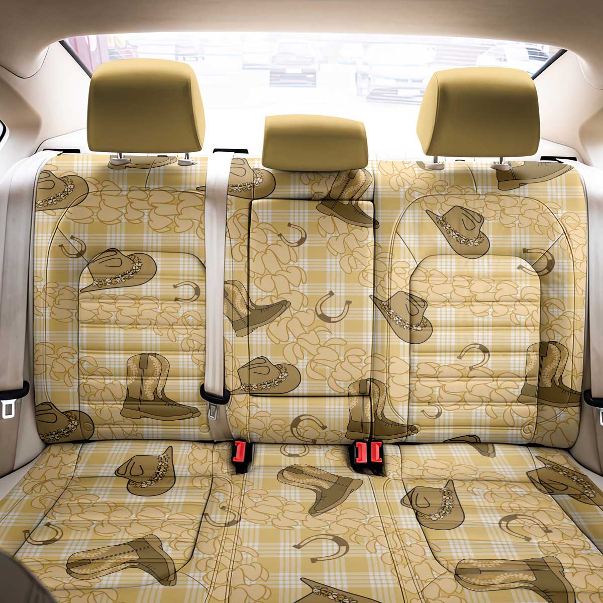 Yellow Palaka Hawaii Cowboy Back Car Seat Cover Puakenikeni Lei Paniolo Papale Seamless Vibes LT14 - Polynesian Pride