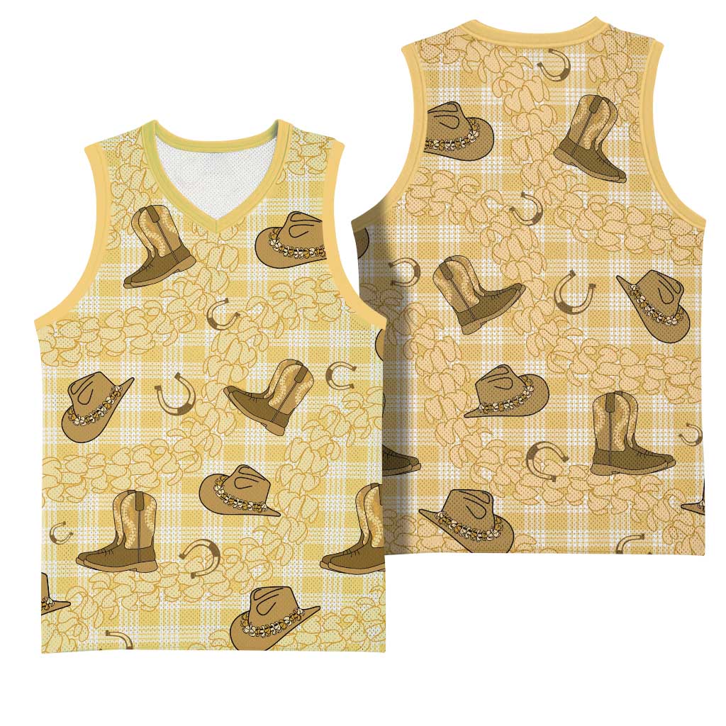 Yellow Palaka Hawaii Cowboy Basketball Jersey Puakenikeni Lei Paniolo Papale Seamless Vibes LT14 - Polynesian Pride