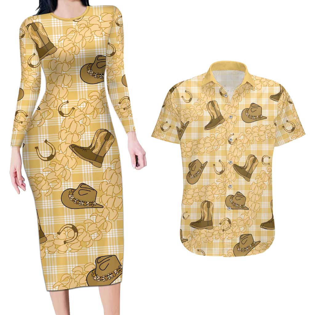 Yellow Palaka Hawaii Cowboy Couples Matching Long Sleeve Bodycon Dress and Hawaiian Shirt Puakenikeni Lei Paniolo Papale Seamless Vibes LT14 Yellow - Polynesian Pride