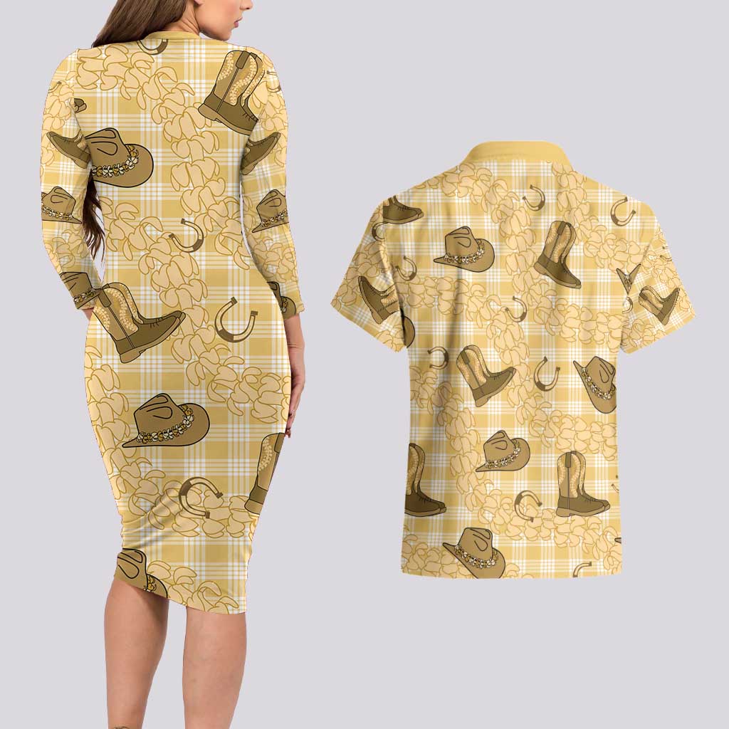 Yellow Palaka Hawaii Cowboy Couples Matching Long Sleeve Bodycon Dress and Hawaiian Shirt Puakenikeni Lei Paniolo Papale Seamless Vibes LT14 - Polynesian Pride