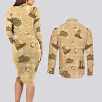 Yellow Palaka Hawaii Cowboy Couples Matching Long Sleeve Bodycon Dress and Long Sleeve Button Shirt Puakenikeni Lei Paniolo Papale Seamless Vibes LT14 - Polynesian Pride