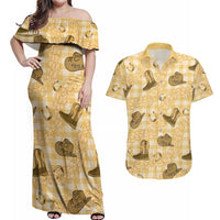 Yellow Palaka Hawaii Cowboy Couples Matching Off Shoulder Maxi Dress and Hawaiian Shirt Puakenikeni Lei Paniolo Papale Seamless Vibes LT14 Yellow - Polynesian Pride
