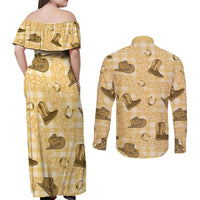 Yellow Palaka Hawaii Cowboy Couples Matching Off Shoulder Maxi Dress and Long Sleeve Button Shirt Puakenikeni Lei Paniolo Papale Seamless Vibes LT14 - Polynesian Pride