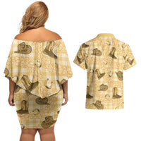 Yellow Palaka Hawaii Cowboy Couples Matching Off Shoulder Short Dress and Hawaiian Shirt Puakenikeni Lei Paniolo Papale Seamless Vibes LT14 - Polynesian Pride