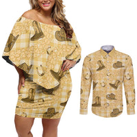 Yellow Palaka Hawaii Cowboy Couples Matching Off Shoulder Short Dress and Long Sleeve Button Shirt Puakenikeni Lei Paniolo Papale Seamless Vibes LT14 Yellow - Polynesian Pride
