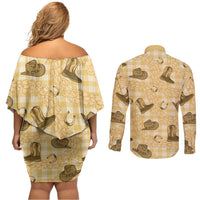 Yellow Palaka Hawaii Cowboy Couples Matching Off Shoulder Short Dress and Long Sleeve Button Shirt Puakenikeni Lei Paniolo Papale Seamless Vibes LT14 - Polynesian Pride