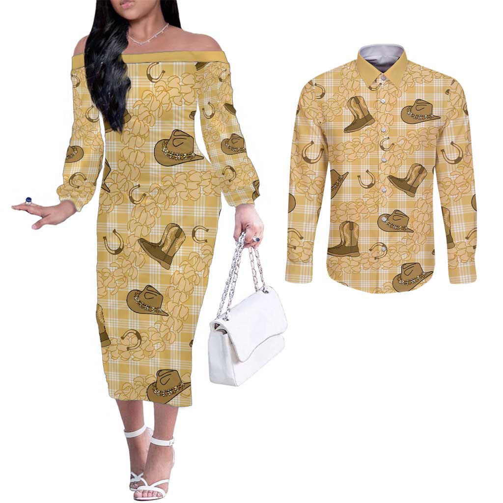 Yellow Palaka Hawaii Cowboy Couples Matching Off The Shoulder Long Sleeve Dress and Long Sleeve Button Shirt Puakenikeni Lei Paniolo Papale Seamless Vibes LT14 Yellow - Polynesian Pride