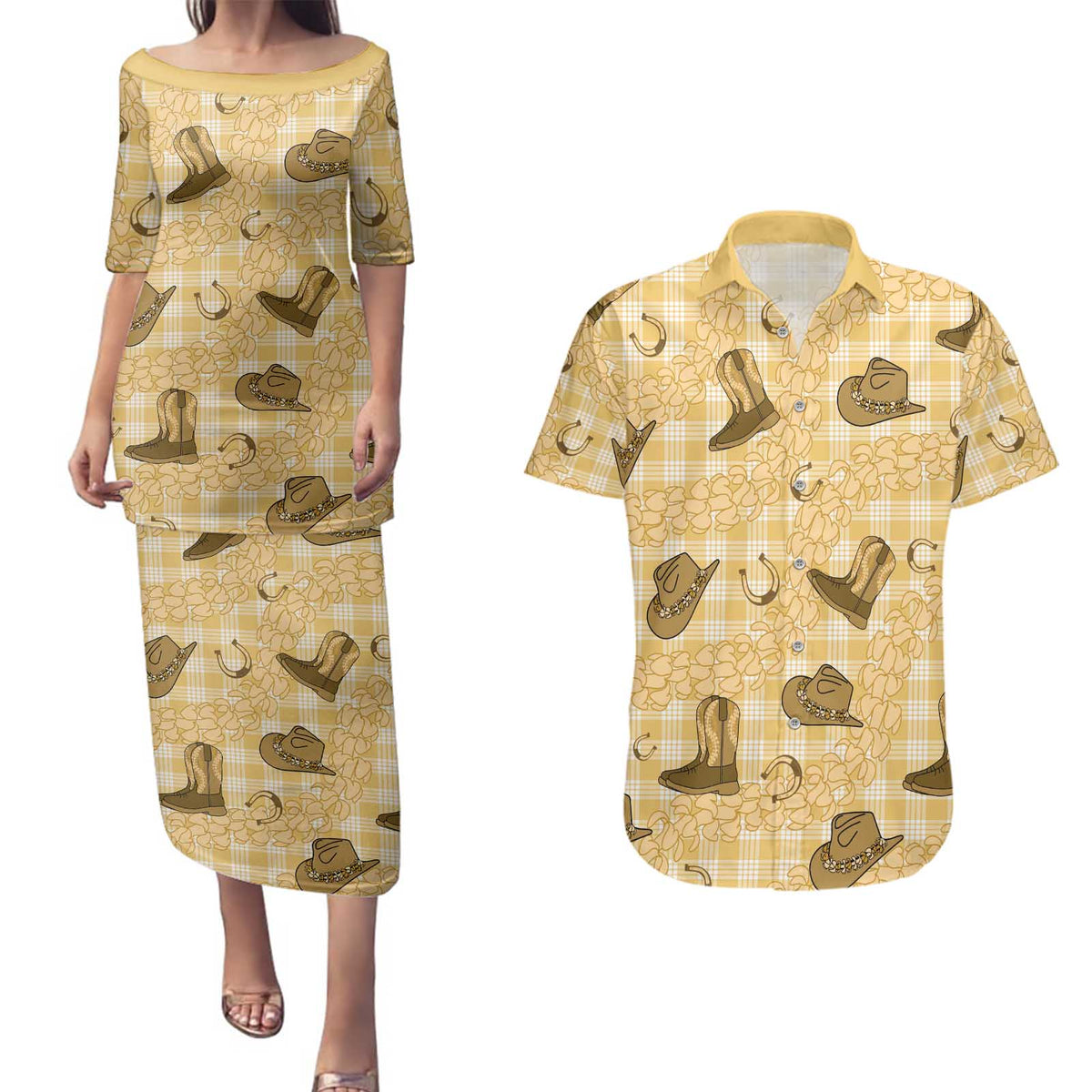 Yellow Palaka Hawaii Cowboy Couples Matching Puletasi and Hawaiian Shirt Puakenikeni Lei Paniolo Papale Seamless Vibes LT14 Yellow - Polynesian Pride