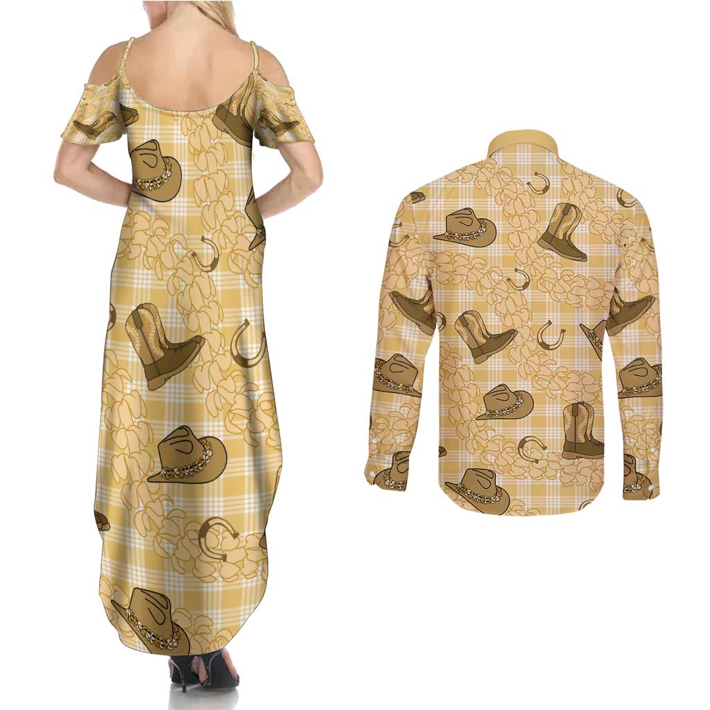 Yellow Palaka Hawaii Cowboy Couples Matching Summer Maxi Dress and Long Sleeve Button Shirt Puakenikeni Lei Paniolo Papale Seamless Vibes LT14 - Polynesian Pride