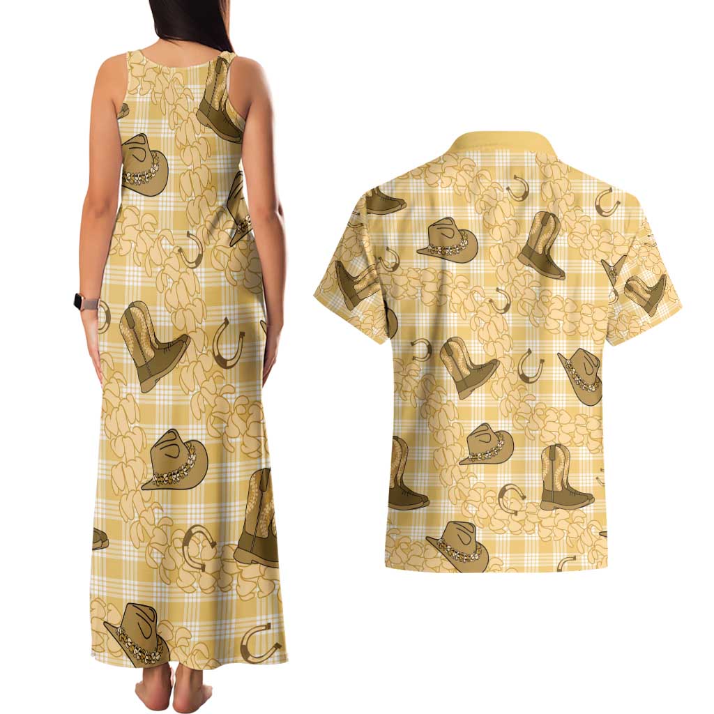 Yellow Palaka Hawaii Cowboy Couples Matching Tank Maxi Dress and Hawaiian Shirt Puakenikeni Lei Paniolo Papale Seamless Vibes LT14 - Polynesian Pride
