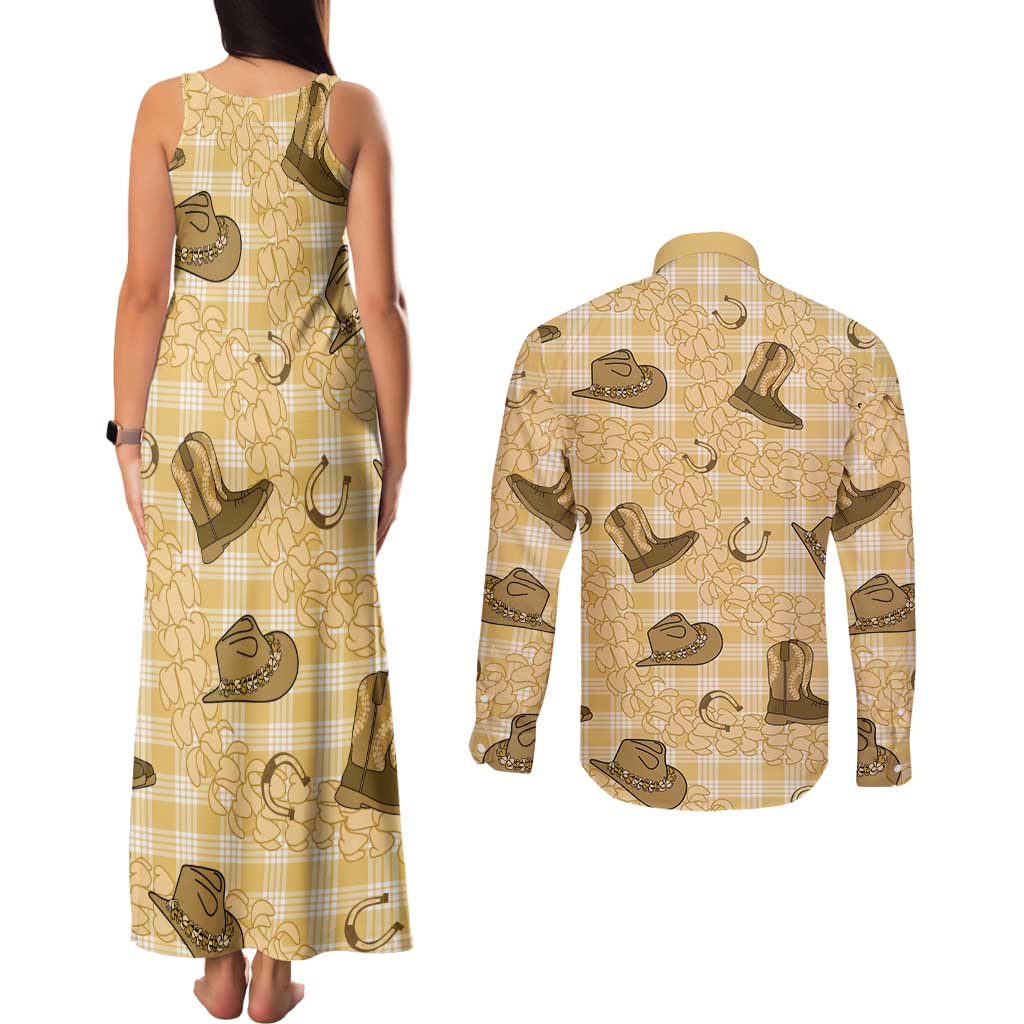Yellow Palaka Hawaii Cowboy Couples Matching Tank Maxi Dress and Long Sleeve Button Shirt Puakenikeni Lei Paniolo Papale Seamless Vibes LT14 - Polynesian Pride