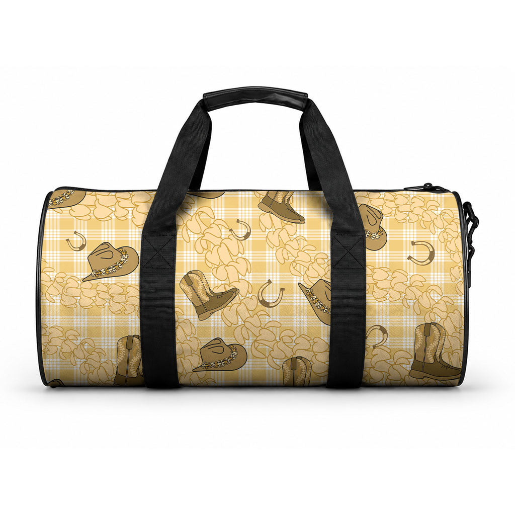 Yellow Palaka Hawaii Cowboy Duffle Bag Puakenikeni Lei Paniolo Papale Seamless Vibes