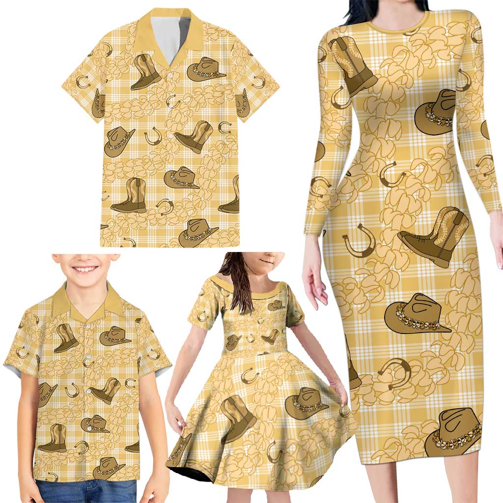 Yellow Palaka Hawaii Cowboy Family Matching Long Sleeve Bodycon Dress and Hawaiian Shirt Puakenikeni Lei Paniolo Papale Seamless Vibes LT14 - Polynesian Pride