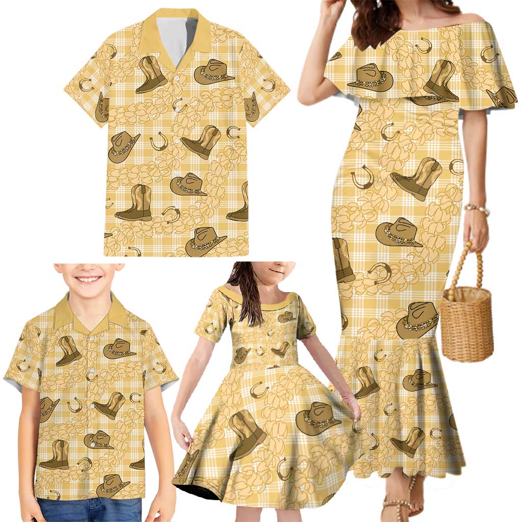 Yellow Palaka Hawaii Cowboy Family Matching Mermaid Dress and Hawaiian Shirt Puakenikeni Lei Paniolo Papale Seamless Vibes LT14 - Polynesian Pride