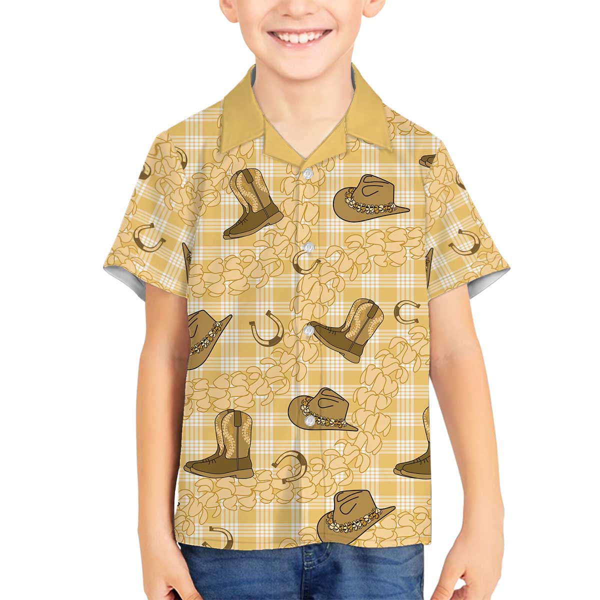 Yellow Palaka Hawaii Cowboy Family Matching Off The Shoulder Long Sleeve Dress and Hawaiian Shirt Puakenikeni Lei Paniolo Papale Seamless Vibes LT14 Son's Shirt Yellow - Polynesian Pride