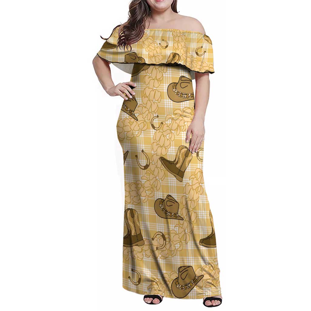 Yellow Palaka Hawaii Cowboy Family Matching Off Shoulder Maxi Dress and Hawaiian Shirt Puakenikeni Lei Paniolo Papale Seamless Vibes LT14 Mom's Dress Yellow - Polynesian Pride