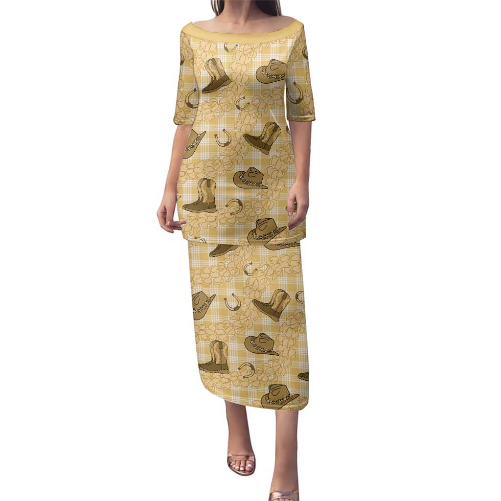 Yellow Palaka Hawaii Cowboy Family Matching Puletasi and Hawaiian Shirt Puakenikeni Lei Paniolo Papale Seamless Vibes LT14 Mom's Dress Yellow - Polynesian Pride