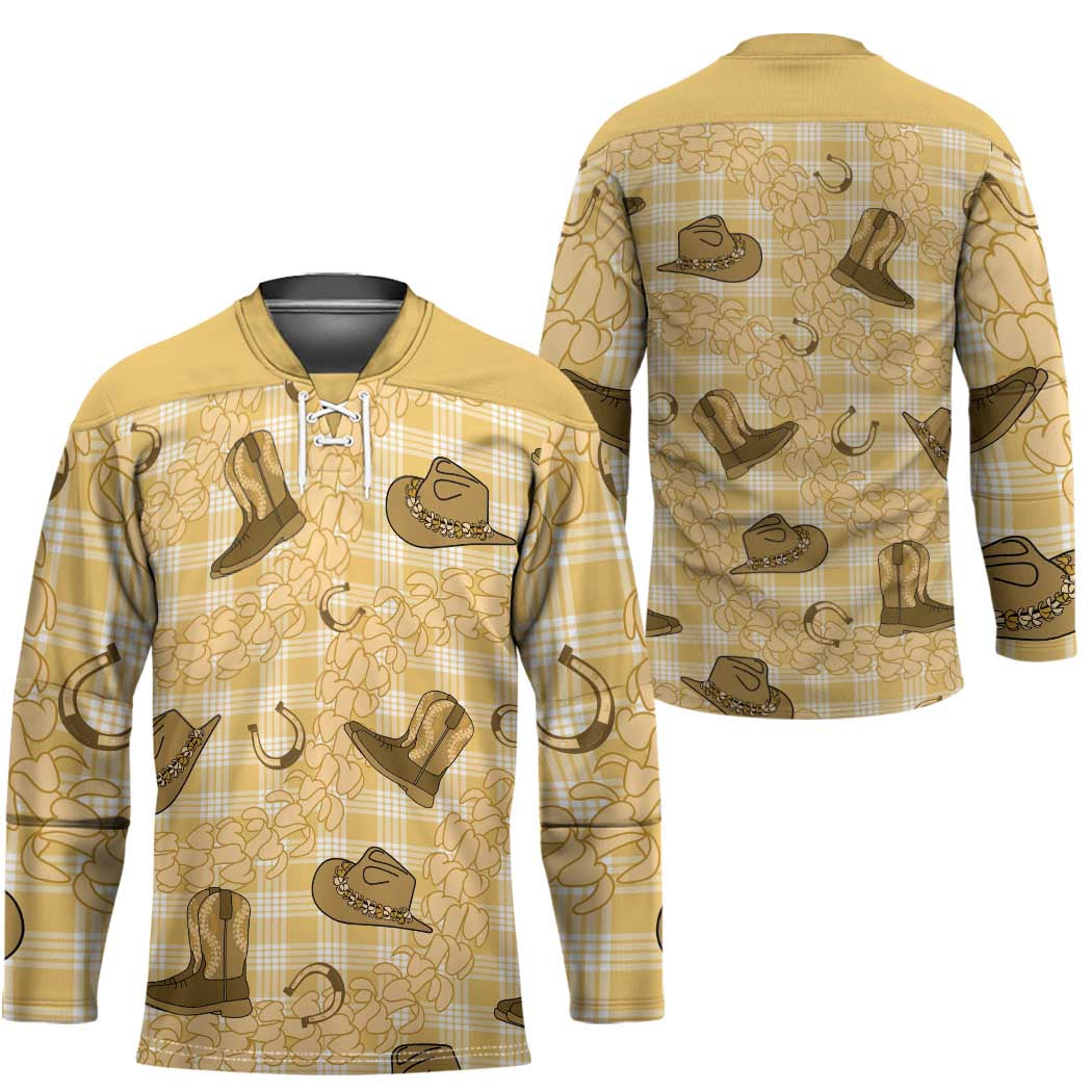 Yellow Palaka Hawaii Cowboy Hockey Jersey Puakenikeni Lei Paniolo Papale Seamless Vibes LT14 - Polynesian Pride
