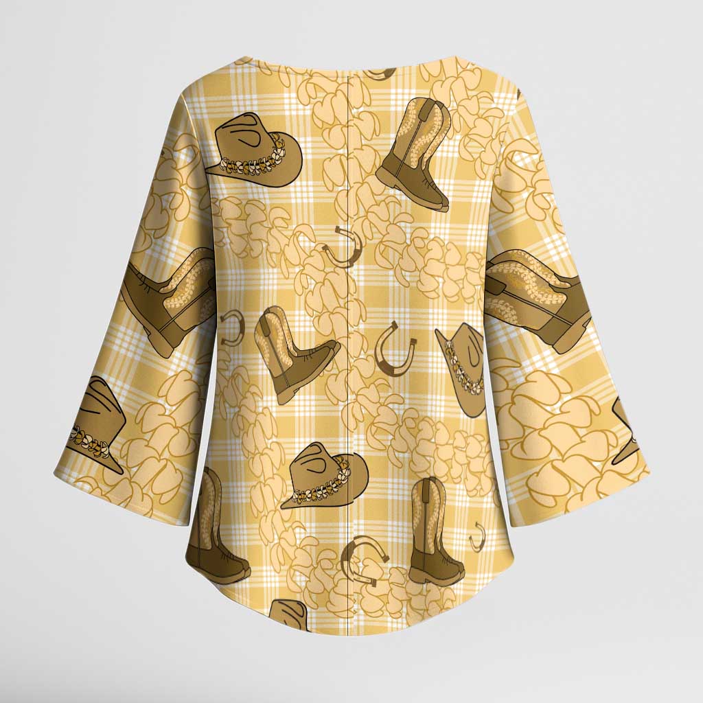 Yellow Palaka Hawaii Cowboy Kimono Sleeve Blouse Puakenikeni Lei Paniolo Papale Seamless Vibes LT14 - Polynesian Pride
