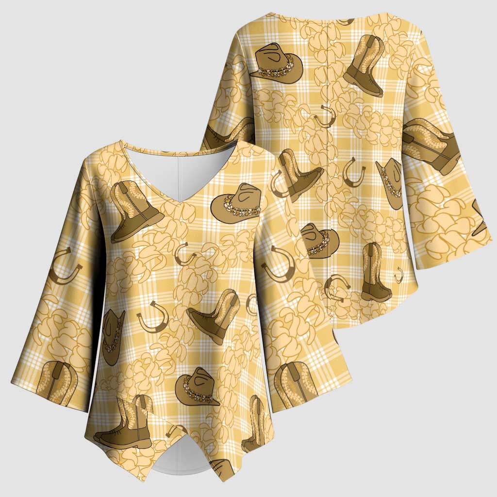Yellow Palaka Hawaii Cowboy Kimono Sleeve Blouse Puakenikeni Lei Paniolo Papale Seamless Vibes LT14 - Polynesian Pride