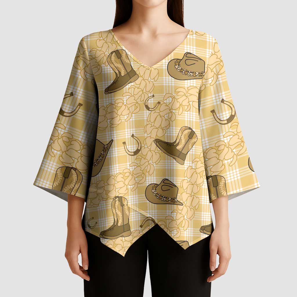 Yellow Palaka Hawaii Cowboy Kimono Sleeve Blouse Puakenikeni Lei Paniolo Papale Seamless Vibes LT14 - Polynesian Pride