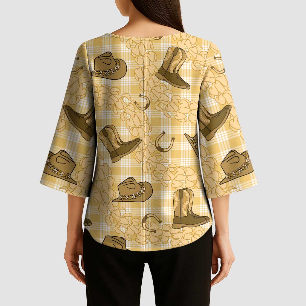 Yellow Palaka Hawaii Cowboy Kimono Sleeve Blouse Puakenikeni Lei Paniolo Papale Seamless Vibes LT14 - Polynesian Pride