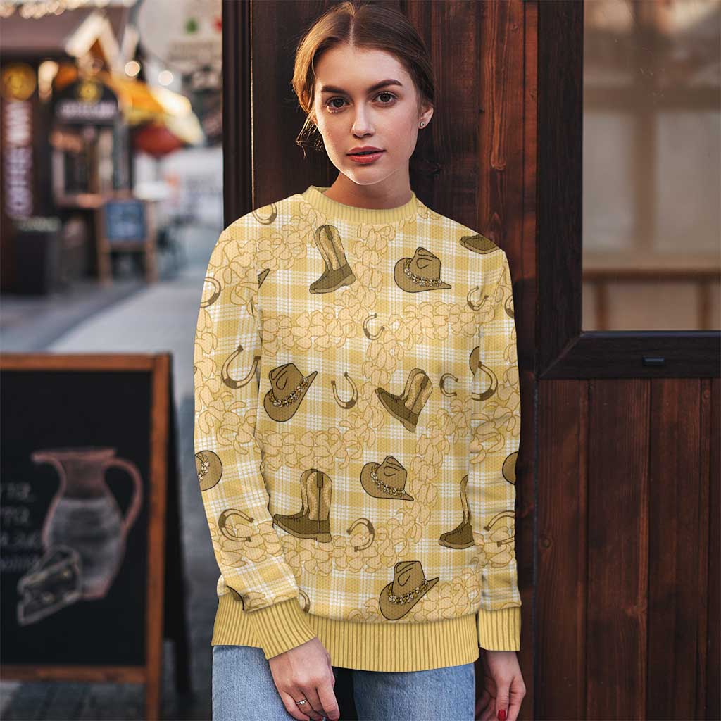Yellow Palaka Hawaii Cowboy Ugly Christmas Sweater Puakenikeni Lei Paniolo Papale Seamless Vibes LT14 - Polynesian Pride