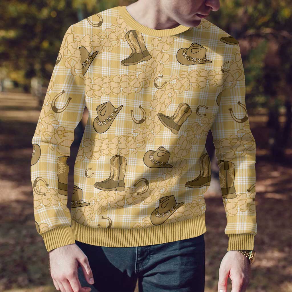 Yellow Palaka Hawaii Cowboy Ugly Christmas Sweater Puakenikeni Lei Paniolo Papale Seamless Vibes LT14 - Polynesian Pride