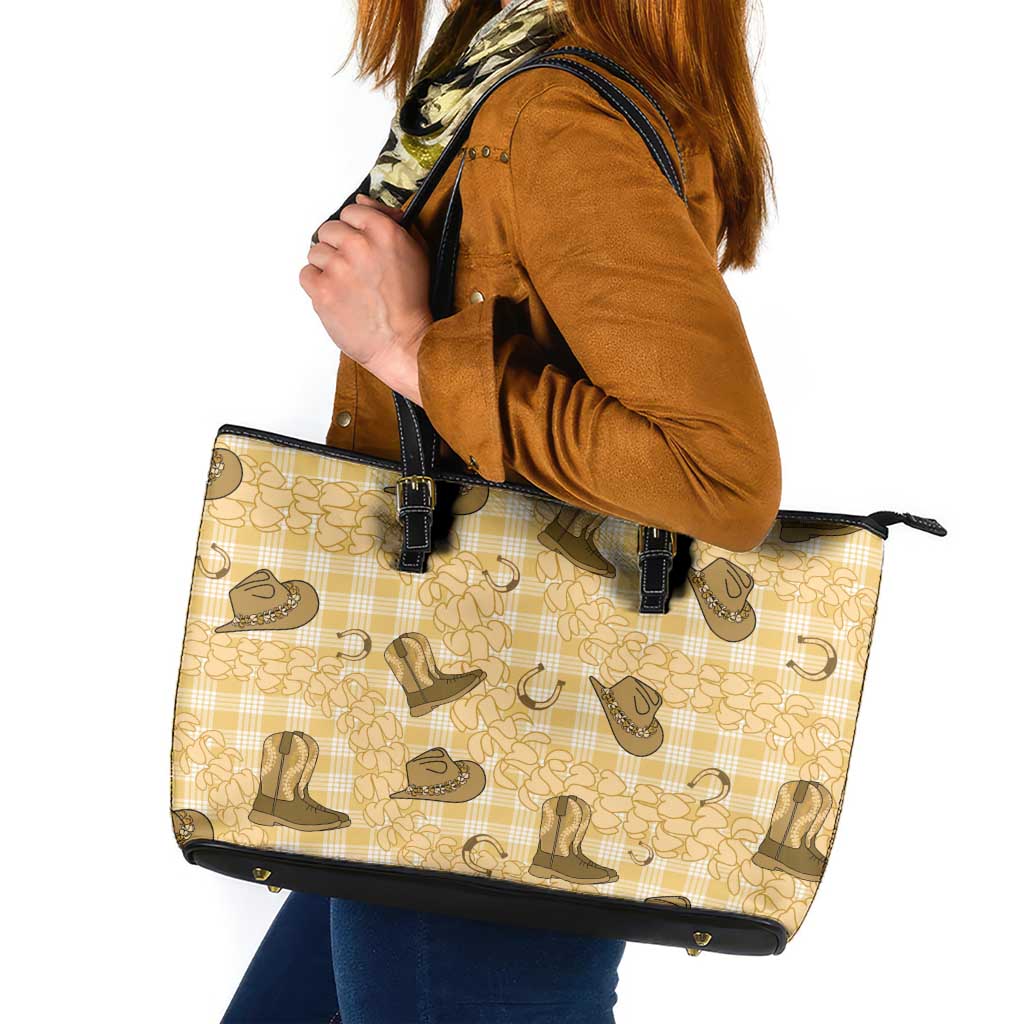 Yellow Palaka Hawaii Cowboy Leather Tote Bag Puakenikeni Lei Paniolo Papale Seamless Vibes LT14 Yellow - Polynesian Pride