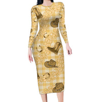 Yellow Palaka Hawaii Cowboy Long Sleeve Bodycon Dress Puakenikeni Lei Paniolo Papale Seamless Vibes LT14 Long Dress Yellow - Polynesian Pride