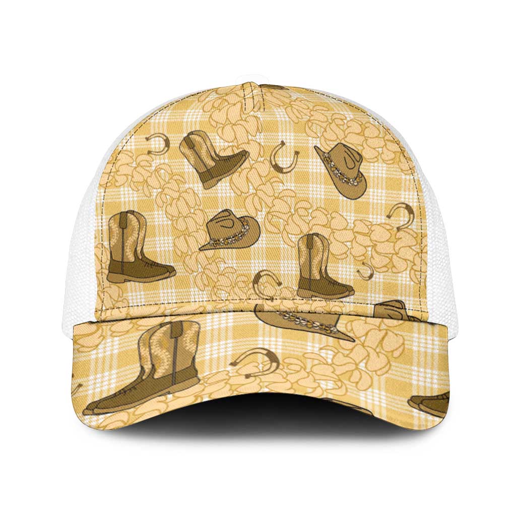 Yellow Palaka Hawaii Cowboy Mesh Trucker Cap Puakenikeni Lei Paniolo Papale Seamless Vibes - Polynesian Pride