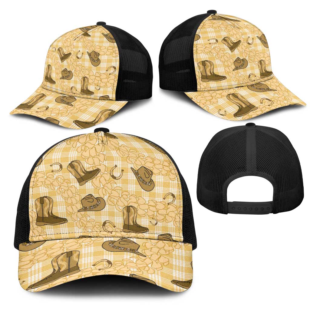 Yellow Palaka Hawaii Cowboy Mesh Trucker Cap Puakenikeni Lei Paniolo Papale Seamless Vibes LT14 - Polynesian Pride
