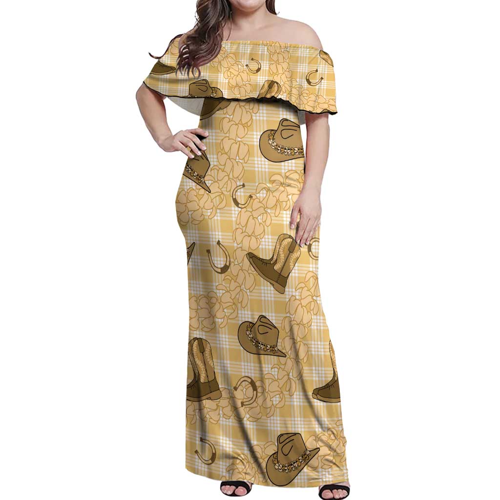 Yellow Palaka Hawaii Cowboy Off Shoulder Maxi Dress Puakenikeni Lei Paniolo Papale Seamless Vibes LT14 Women Yellow - Polynesian Pride