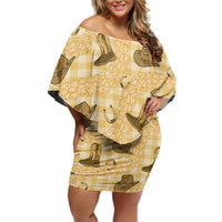 Yellow Palaka Hawaii Cowboy Off Shoulder Short Dress Puakenikeni Lei Paniolo Papale Seamless Vibes LT14 Women Yellow - Polynesian Pride