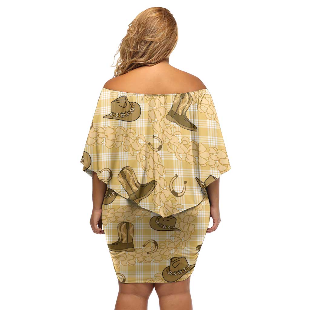 Yellow Palaka Hawaii Cowboy Off Shoulder Short Dress Puakenikeni Lei Paniolo Papale Seamless Vibes LT14 - Polynesian Pride