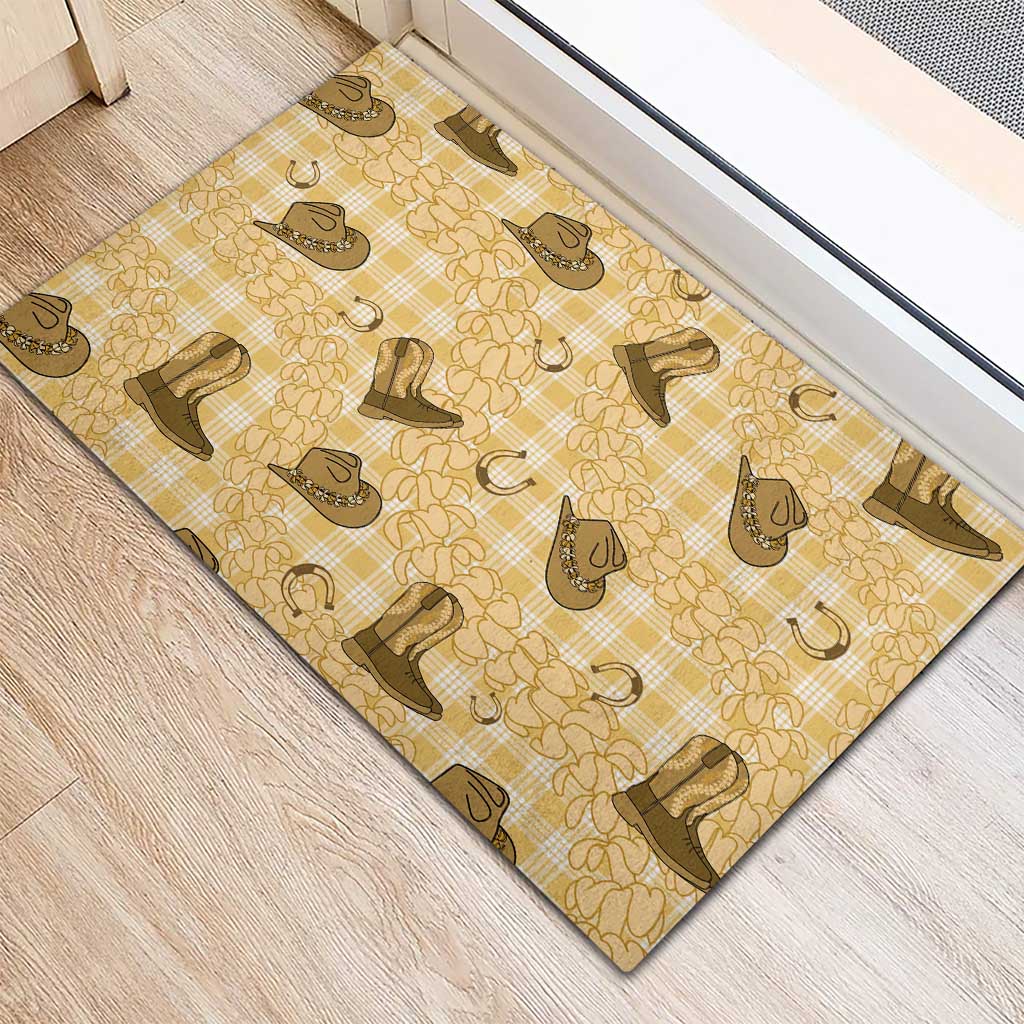 Yellow Palaka Hawaii Cowboy Rubber Doormat Puakenikeni Lei Paniolo Papale Seamless Vibes LT14 - Polynesian Pride