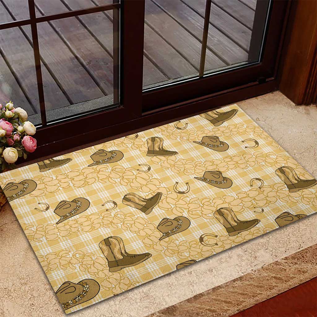 Yellow Palaka Hawaii Cowboy Rubber Doormat Puakenikeni Lei Paniolo Papale Seamless Vibes LT14 - Polynesian Pride