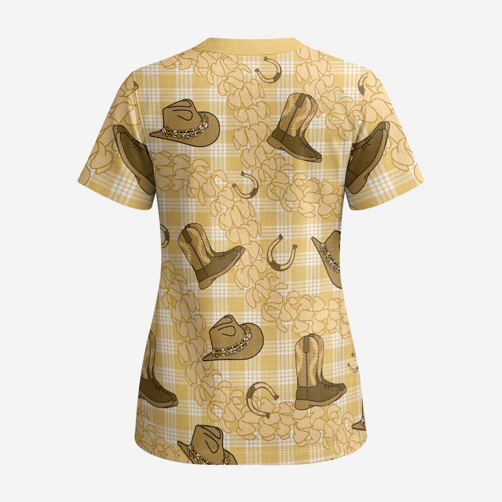 Yellow Palaka Hawaii Cowboy Scrub Top Puakenikeni Lei Paniolo Papale Seamless Vibes LT14 - Polynesian Pride
