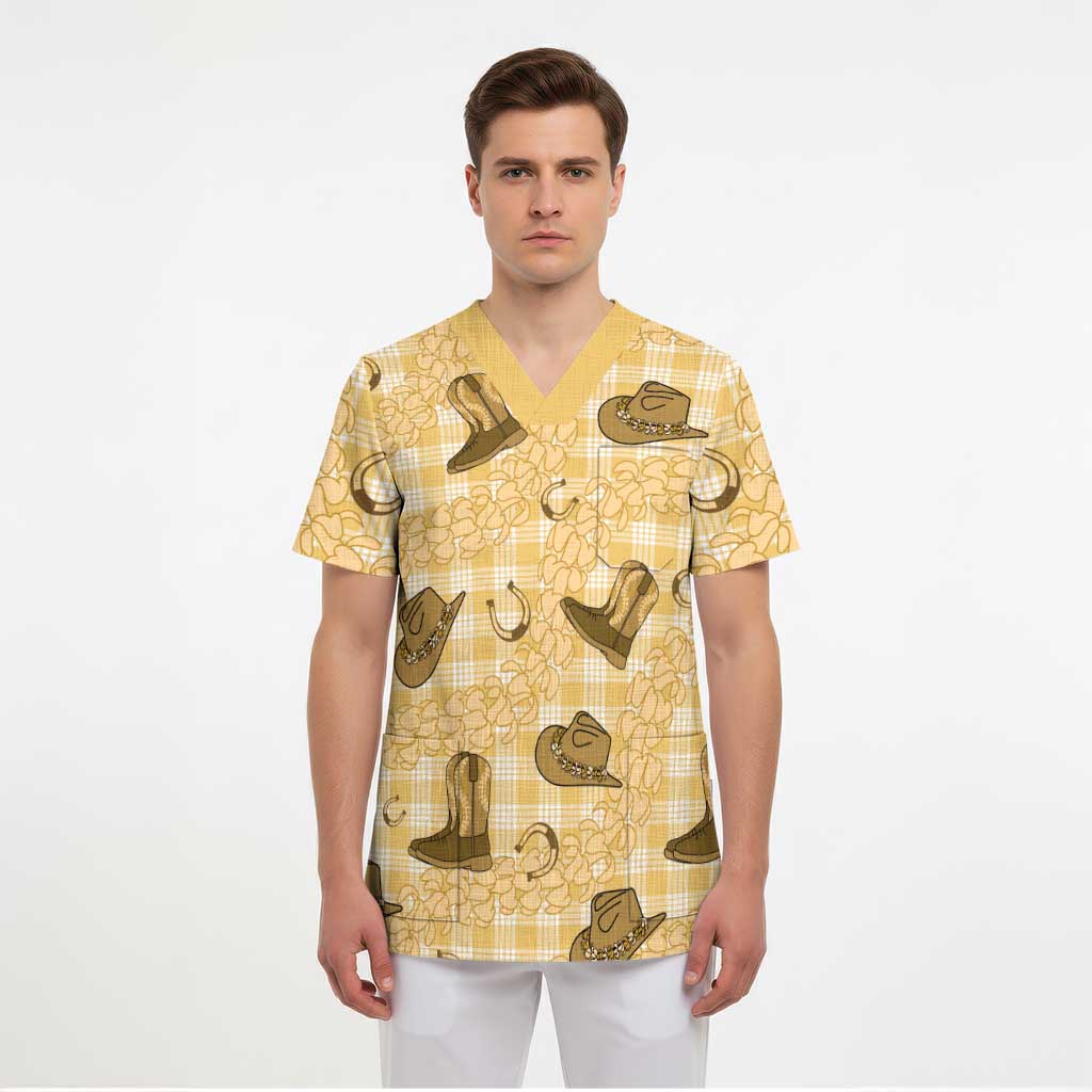 Yellow Palaka Hawaii Cowboy Scrub Top Puakenikeni Lei Paniolo Papale Seamless Vibes LT14 - Polynesian Pride