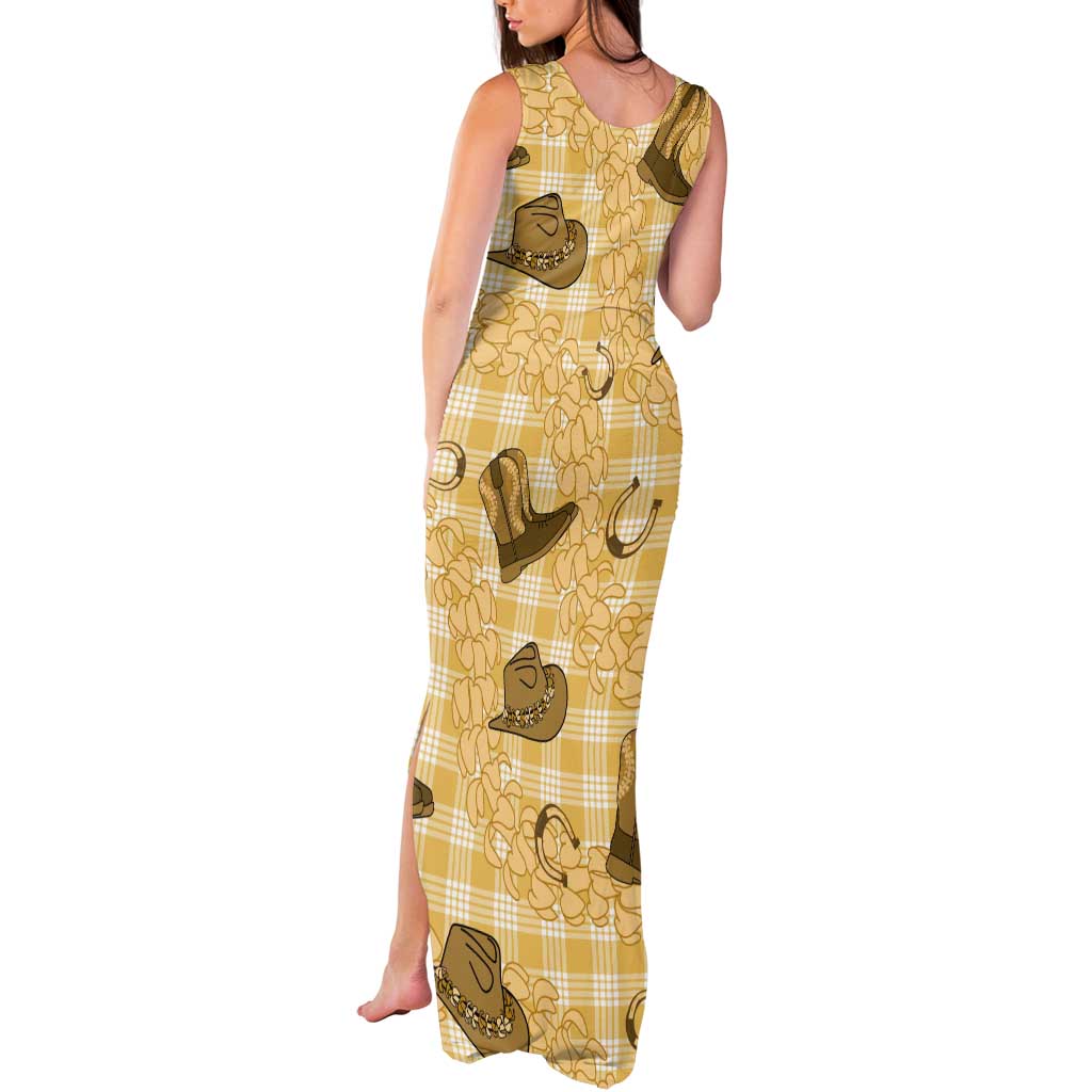 Yellow Palaka Hawaii Cowboy Tank Maxi Dress Puakenikeni Lei Paniolo Papale Seamless Vibes LT14 - Polynesian Pride