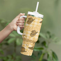 Yellow Palaka Hawaii Cowboy Tumbler With Handle Puakenikeni Lei Paniolo Papale Seamless Vibes LT14 - Polynesian Pride