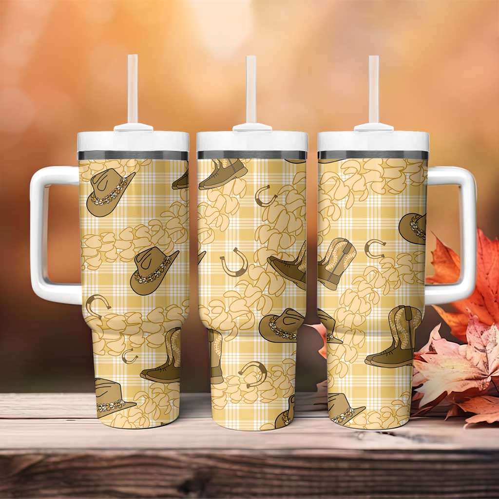 Yellow Palaka Hawaii Cowboy Tumbler With Handle Puakenikeni Lei Paniolo Papale Seamless Vibes LT14 - Polynesian Pride