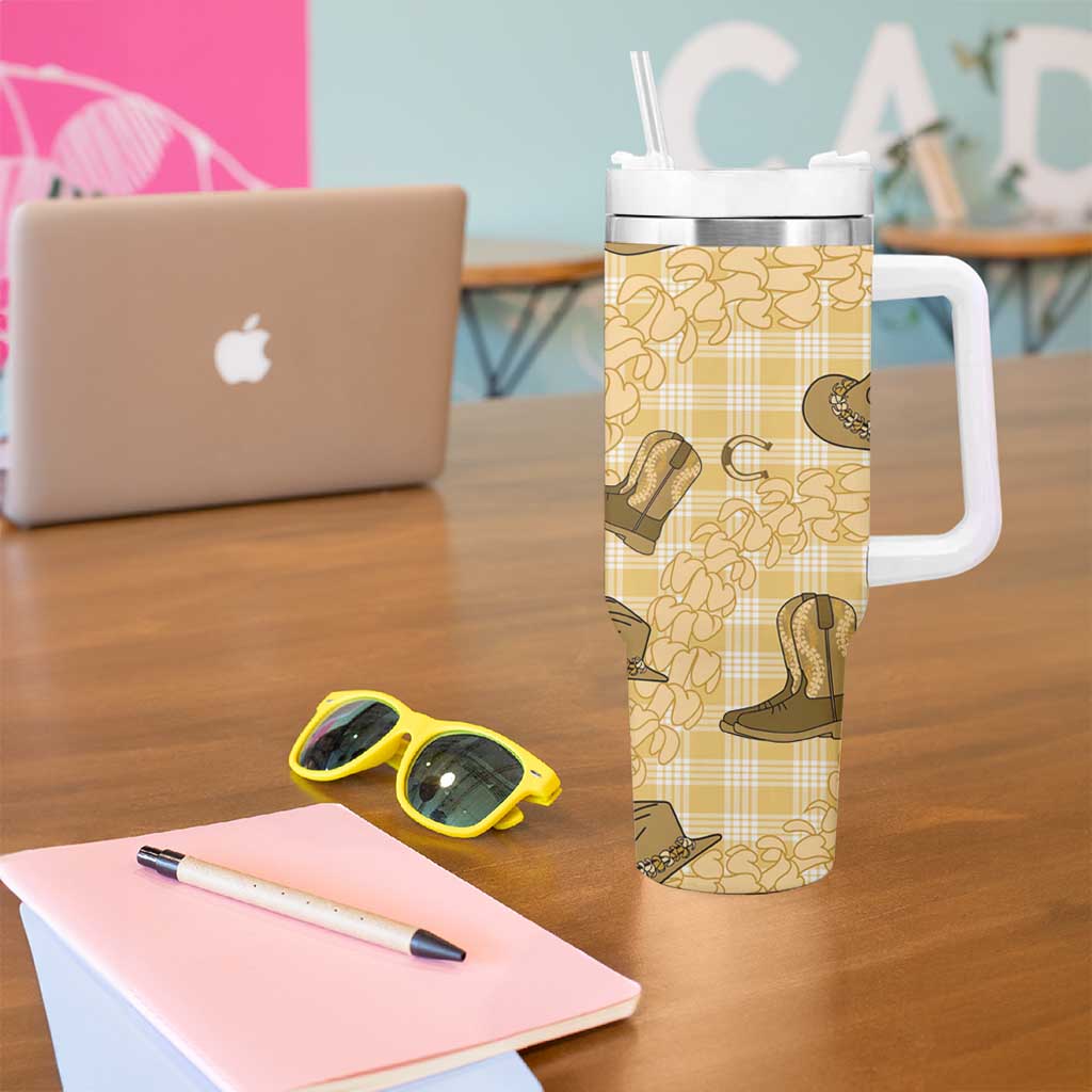 Yellow Palaka Hawaii Cowboy Tumbler With Handle Puakenikeni Lei Paniolo Papale Seamless Vibes LT14 - Polynesian Pride