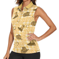 Yellow Palaka Hawaii Cowboy Women Sleeveless Polo Shirt Puakenikeni Lei Paniolo Papale Seamless Vibes LT14 - Polynesian Pride